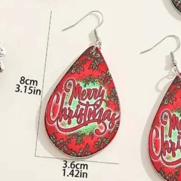 Whimsical Merry Christmas Teardrop Wooden Drop Dangle Earrings - Picture 4 of 5